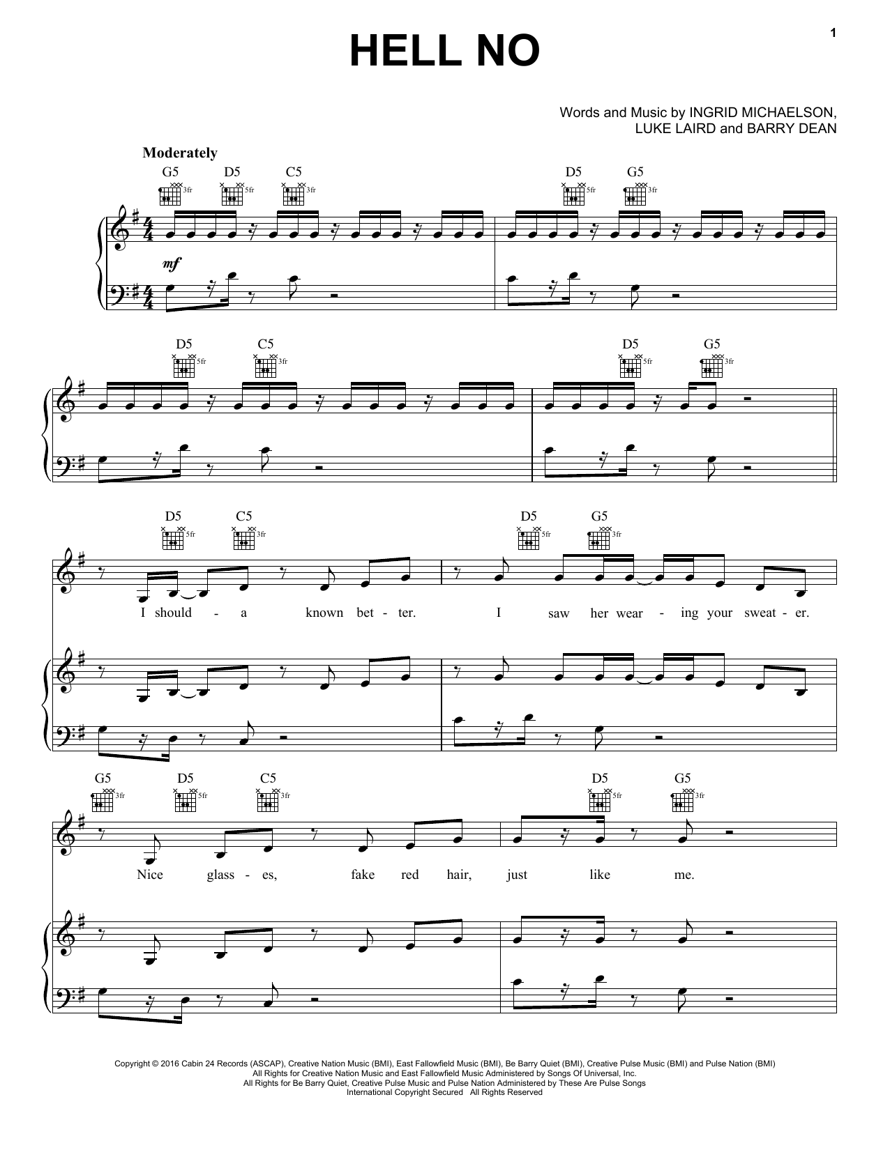 Download Ingrid Michaelson Hell No Sheet Music and learn how to play Piano, Vocal & Guitar (Right-Hand Melody) PDF digital score in minutes