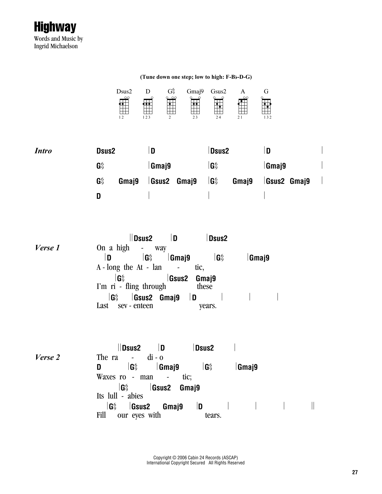 Download Ingrid Michaelson Highway Sheet Music and learn how to play Ukulele with strumming patterns PDF digital score in minutes