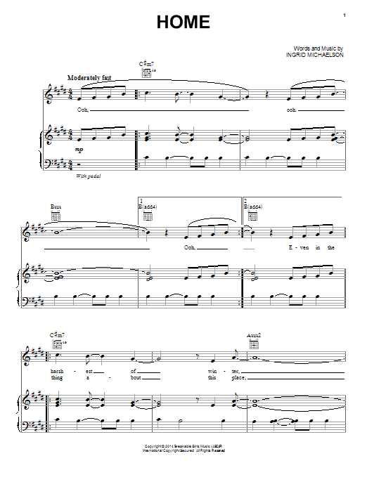 Download Ingrid Michaelson Home Sheet Music and learn how to play Piano, Vocal & Guitar (Right-Hand Melody) PDF digital score in minutes