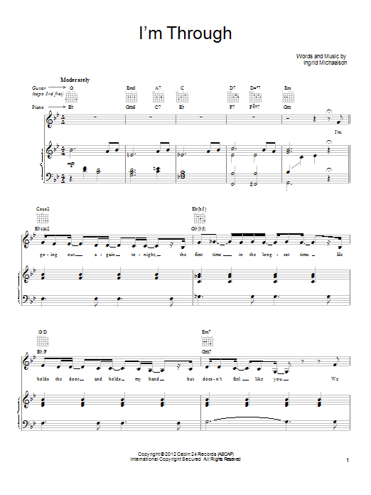 Download Ingrid Michaelson I'm Through Sheet Music and learn how to play Piano, Vocal & Guitar (Right-Hand Melody) PDF digital score in minutes