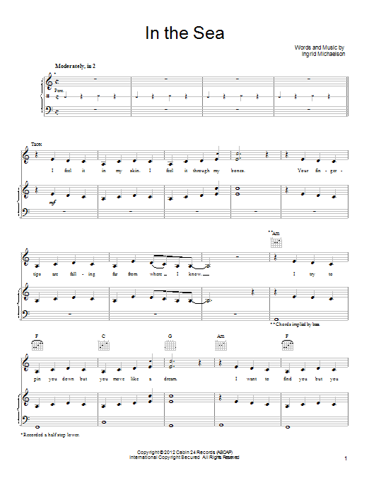 Download Ingrid Michaelson In The Sea Sheet Music and learn how to play Piano, Vocal & Guitar (Right-Hand Melody) PDF digital score in minutes
