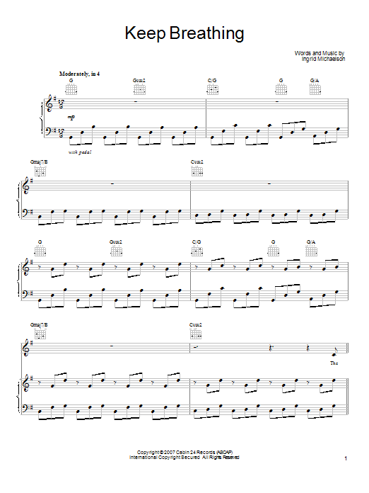 Download Ingrid Michaelson Keep Breathing Sheet Music and learn how to play Piano, Vocal & Guitar (Right-Hand Melody) PDF digital score in minutes
