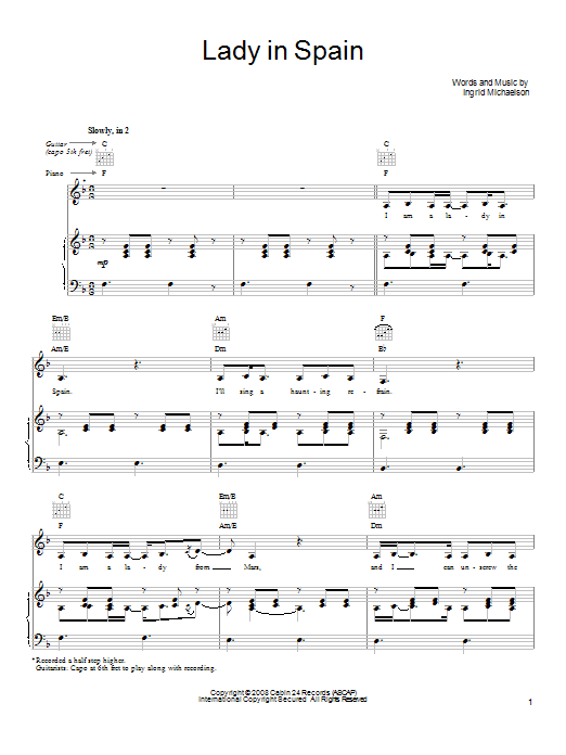 Download Ingrid Michaelson Lady In Spain Sheet Music and learn how to play Ukulele with strumming patterns PDF digital score in minutes