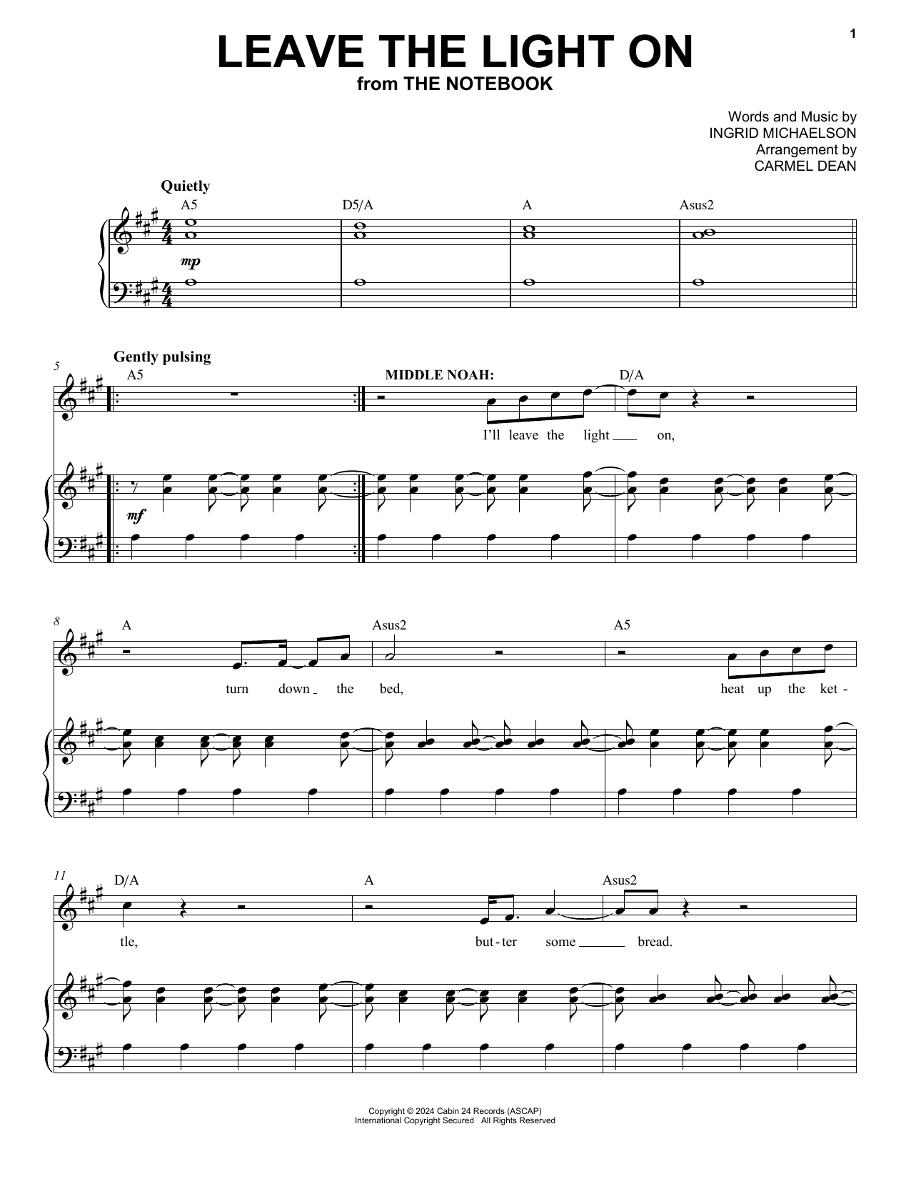Download Ingrid Michaelson Leave the Light On (from The Notebook) Sheet Music and learn how to play Piano & Vocal PDF digital score in minutes
