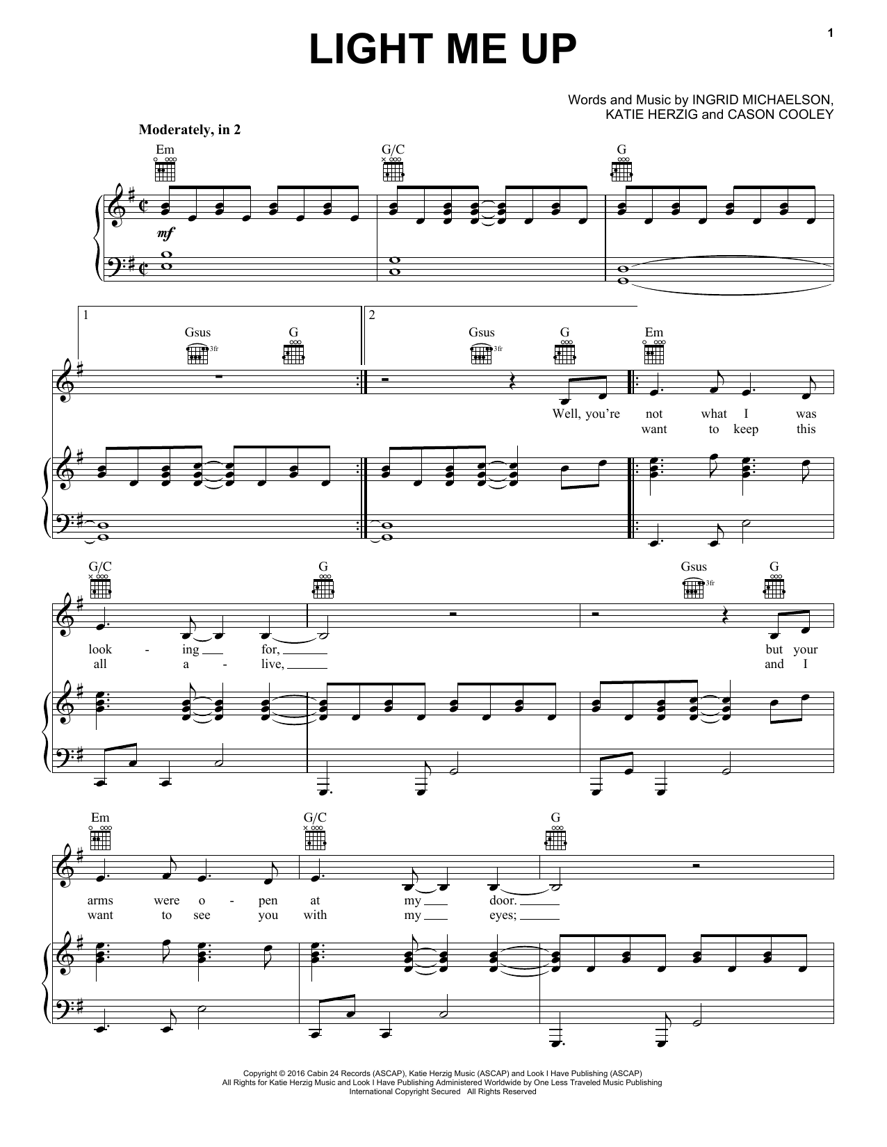 Download Ingrid Michaelson Light Me Up Sheet Music and learn how to play Piano, Vocal & Guitar (Right-Hand Melody) PDF digital score in minutes