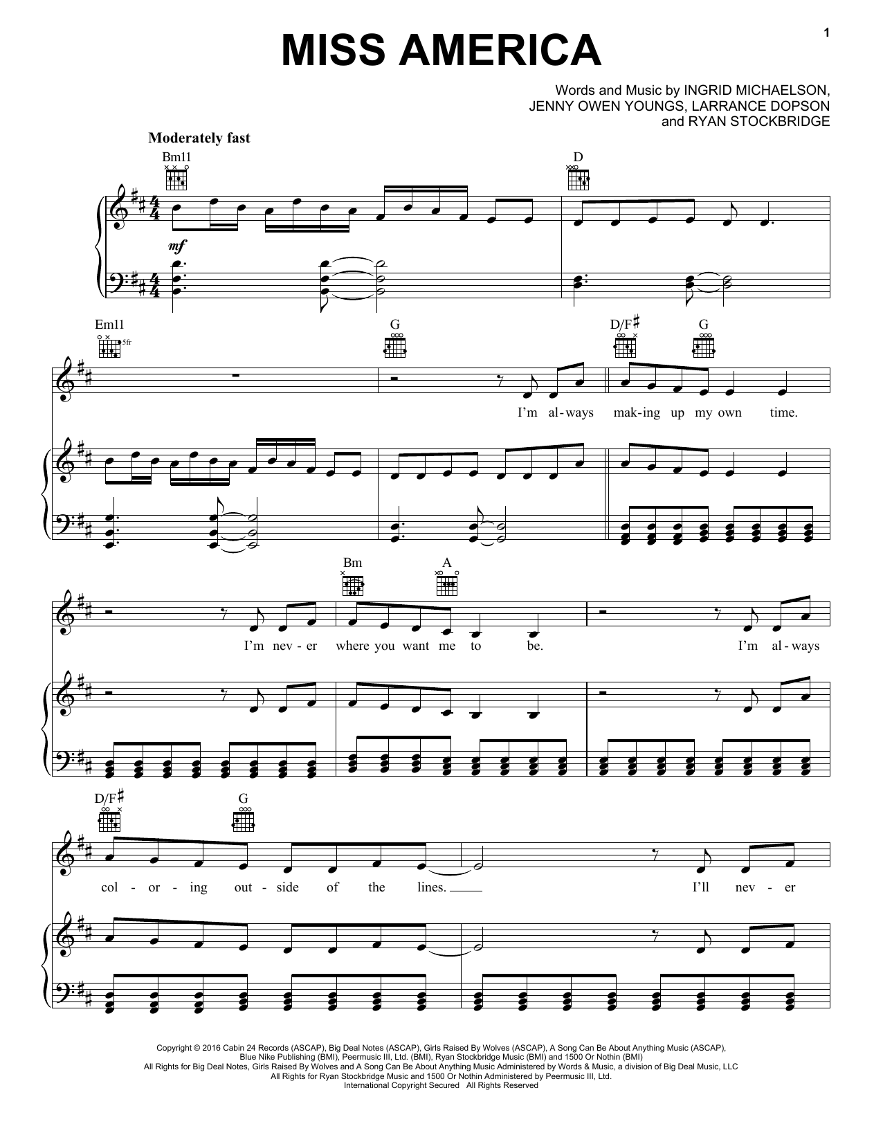 Download Ingrid Michaelson Miss America Sheet Music and learn how to play Piano, Vocal & Guitar (Right-Hand Melody) PDF digital score in minutes