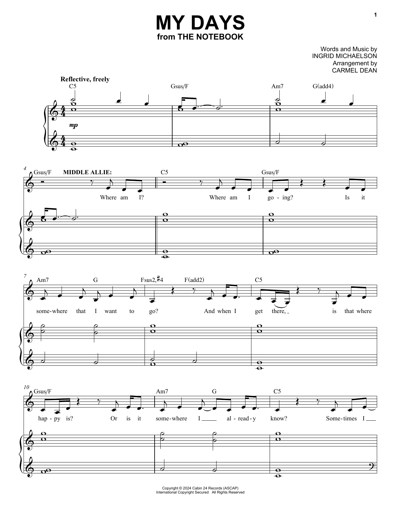 Download Ingrid Michaelson My Days (from The Notebook) Sheet Music and learn how to play Piano, Vocal & Guitar Chords (Right-Hand Melody) PDF digital score in minutes