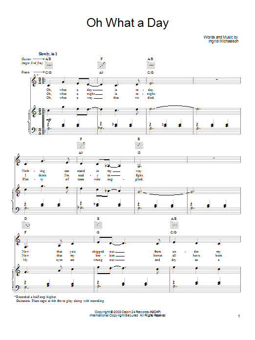 Download Ingrid Michaelson Oh What A Day Sheet Music and learn how to play Piano, Vocal & Guitar (Right-Hand Melody) PDF digital score in minutes