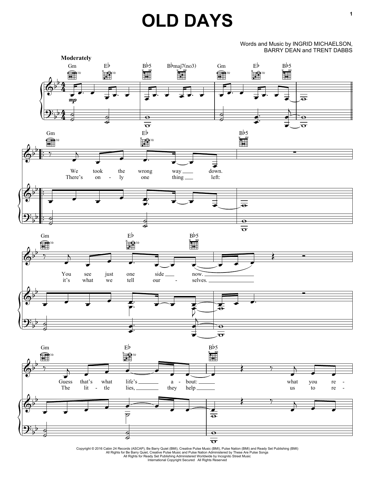 Download Ingrid Michaelson Old Days Sheet Music and learn how to play Piano, Vocal & Guitar (Right-Hand Melody) PDF digital score in minutes