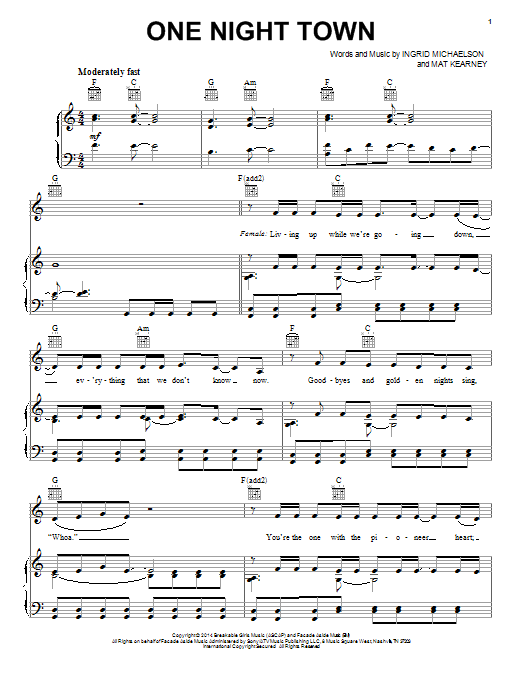 Download Ingrid Michaelson One Night Town Sheet Music and learn how to play Piano, Vocal & Guitar (Right-Hand Melody) PDF digital score in minutes