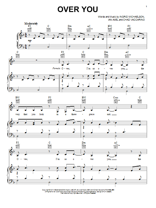 Download Ingrid Michaelson Over You Sheet Music and learn how to play Piano, Vocal & Guitar (Right-Hand Melody) PDF digital score in minutes