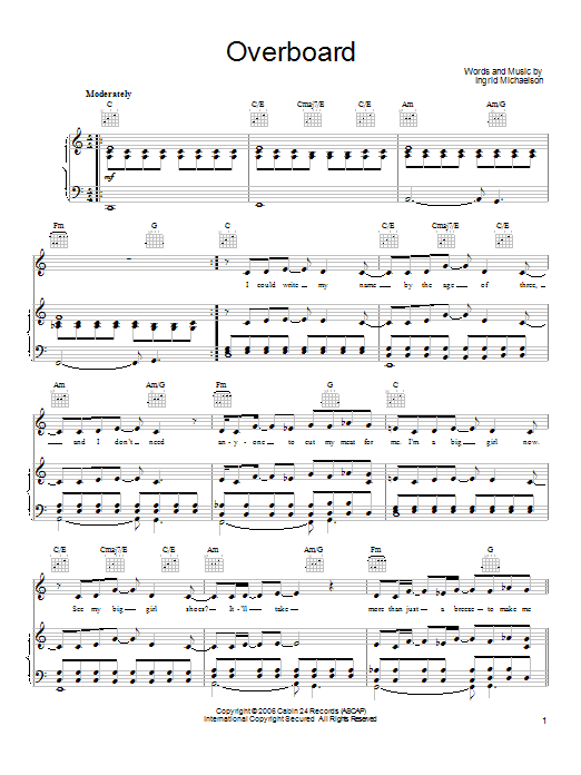 Download Ingrid Michaelson Overboard Sheet Music and learn how to play Piano, Vocal & Guitar (Right-Hand Melody) PDF digital score in minutes