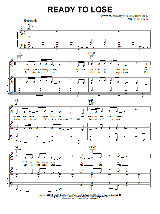 Download Ingrid Michaelson Ready To Lose Sheet Music and learn how to play Piano, Vocal & Guitar (Right-Hand Melody) PDF digital score in minutes