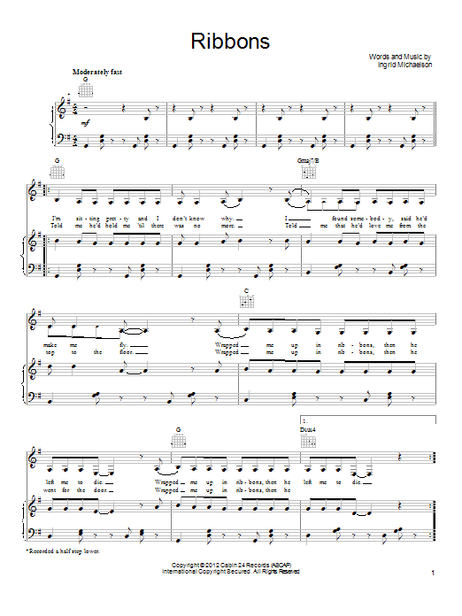 Download Ingrid Michaelson Ribbons Sheet Music and learn how to play Piano, Vocal & Guitar (Right-Hand Melody) PDF digital score in minutes