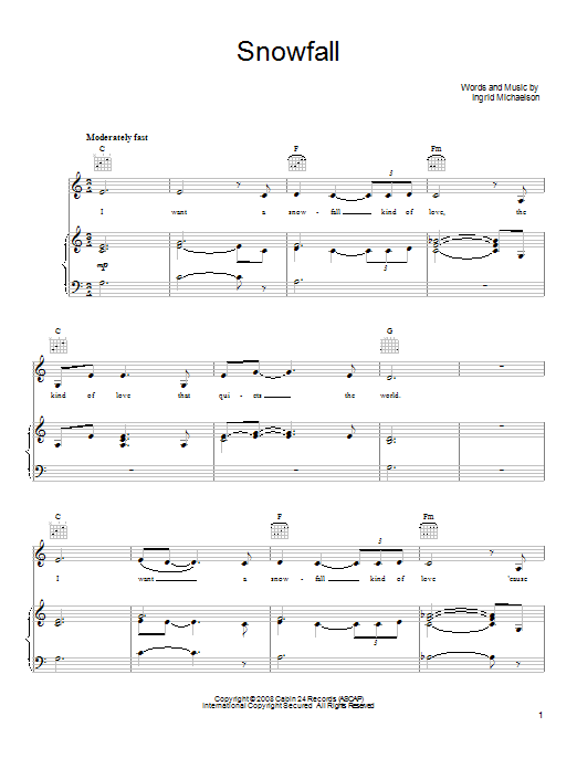 Download Ingrid Michaelson Snowfall Sheet Music and learn how to play Piano, Vocal & Guitar (Right-Hand Melody) PDF digital score in minutes