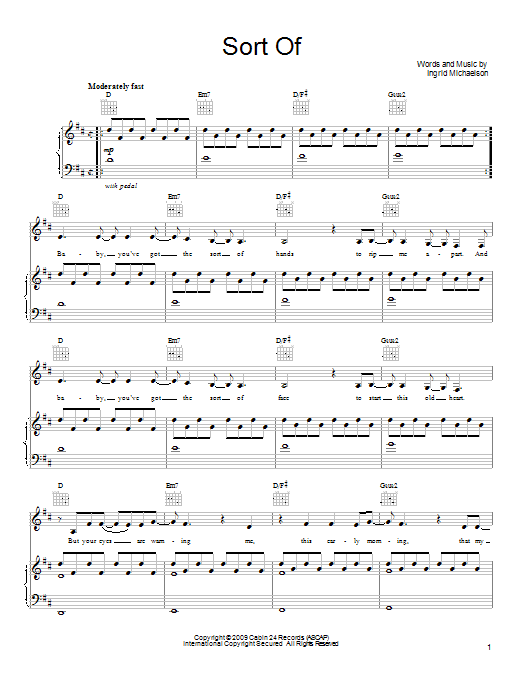 Download Ingrid Michaelson Sort Of Sheet Music and learn how to play Piano, Vocal & Guitar (Right-Hand Melody) PDF digital score in minutes