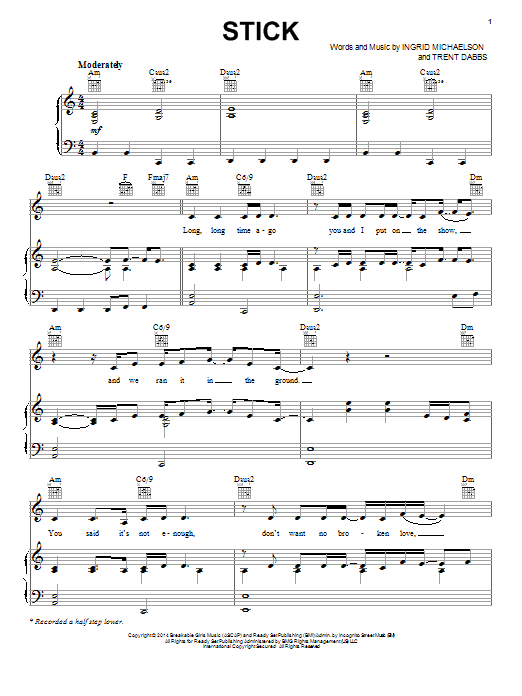 Download Ingrid Michaelson Stick Sheet Music and learn how to play Piano, Vocal & Guitar (Right-Hand Melody) PDF digital score in minutes