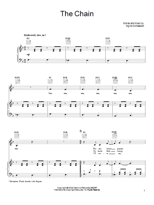 Download Ingrid Michaelson The Chain Sheet Music and learn how to play Piano, Vocal & Guitar (Right-Hand Melody) PDF digital score in minutes