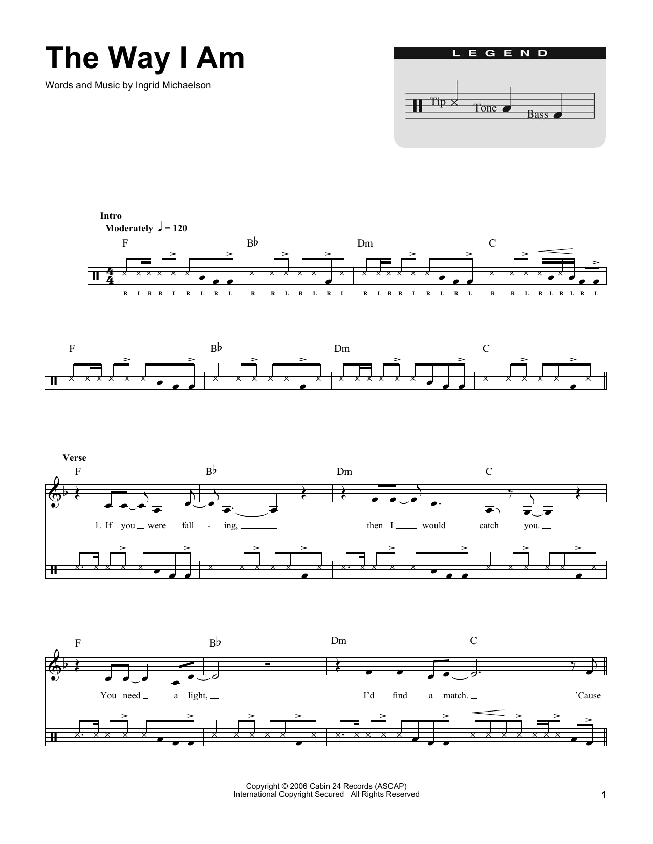 Download Ingrid Michaelson The Way I Am Sheet Music and learn how to play Drums Transcription PDF digital score in minutes