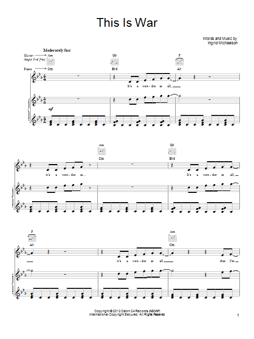 Download Ingrid Michaelson This Is War Sheet Music and learn how to play Piano, Vocal & Guitar (Right-Hand Melody) PDF digital score in minutes