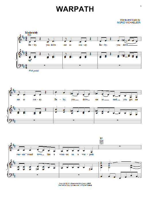 Download Ingrid Michaelson Warpath Sheet Music and learn how to play Piano, Vocal & Guitar (Right-Hand Melody) PDF digital score in minutes