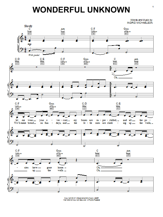 Download Ingrid Michaelson Wonderful Unknown Sheet Music and learn how to play Piano, Vocal & Guitar (Right-Hand Melody) PDF digital score in minutes