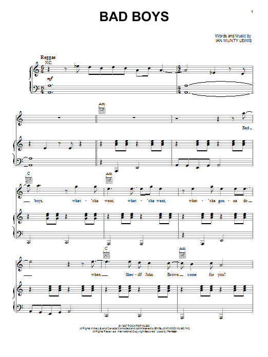 Download Inner Circle Bad Boys Sheet Music and learn how to play Piano, Vocal & Guitar (Right-Hand Melody) PDF digital score in minutes