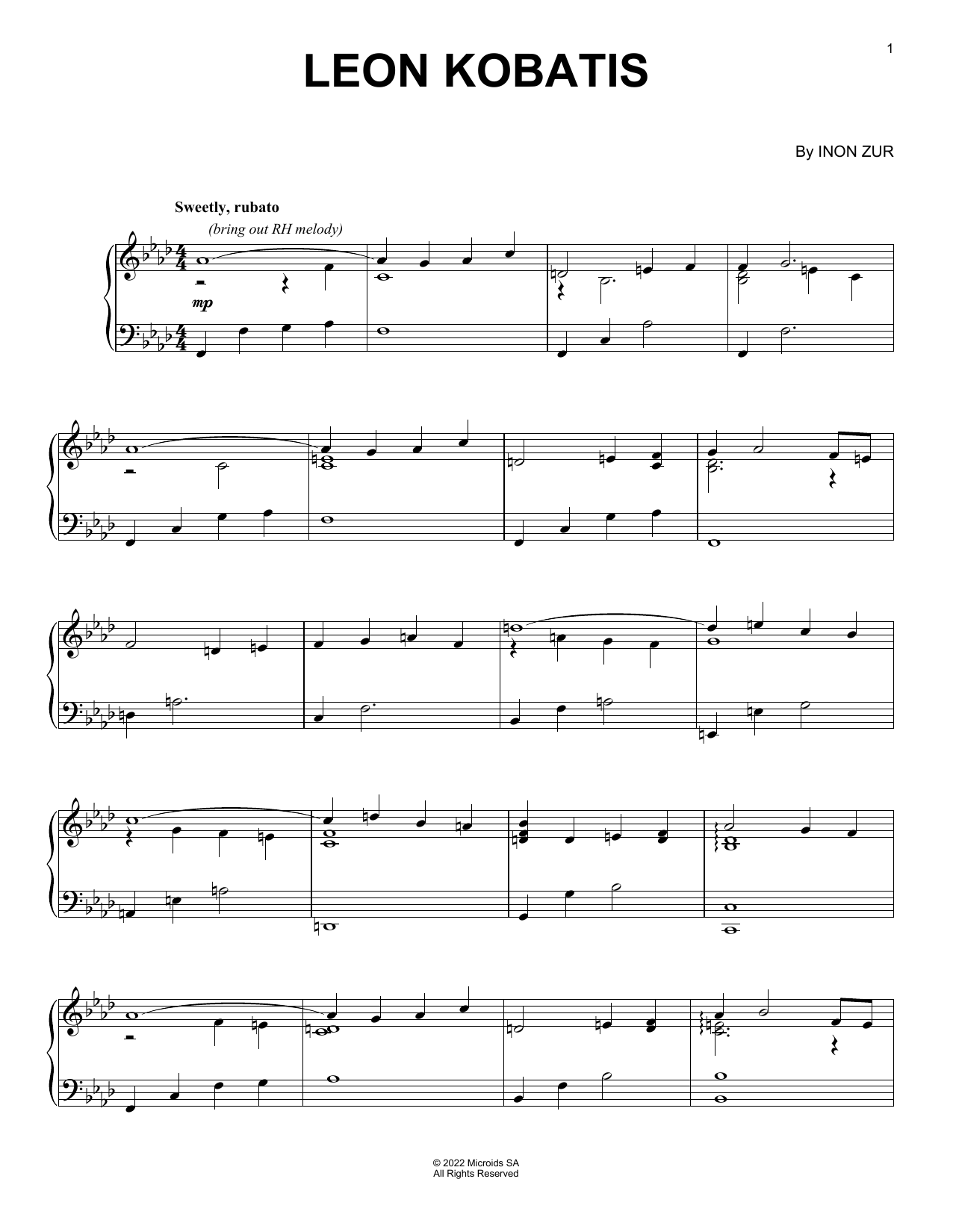 Download Inon Zur Leon Kobatis (from Syberia: The World Before) Sheet Music and learn how to play Piano Solo PDF digital score in minutes
