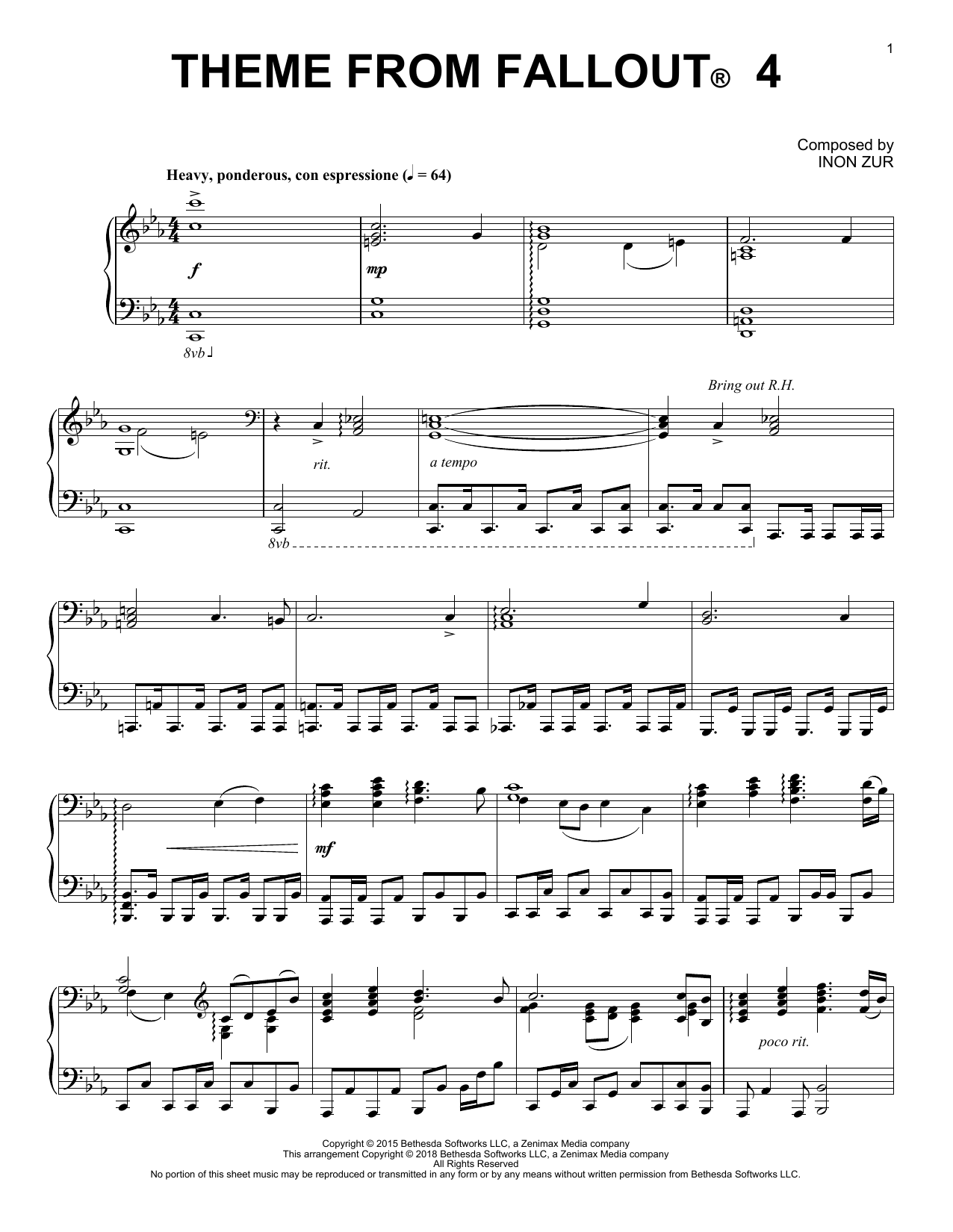 Download Inon Zur Theme From Fallout 4 Sheet Music and learn how to play Easy Piano PDF digital score in minutes