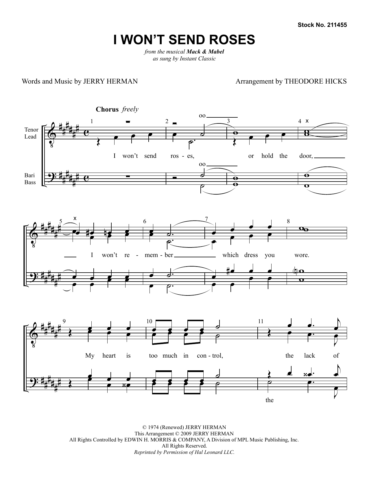 Download Instant Classic I Won't Send Roses (from Mack & Mabel) (arr. Theodore Hicks) Sheet Music and learn how to play TTBB Choir PDF digital score in minutes