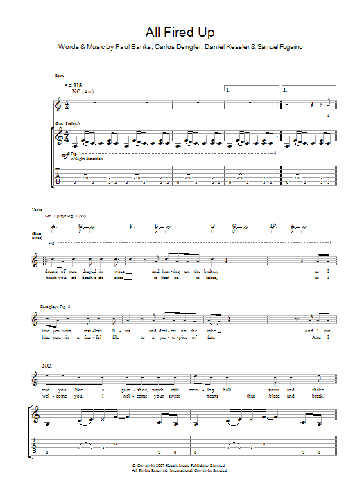 Download Interpol All Fired Up Sheet Music and learn how to play Guitar Tab PDF digital score in minutes