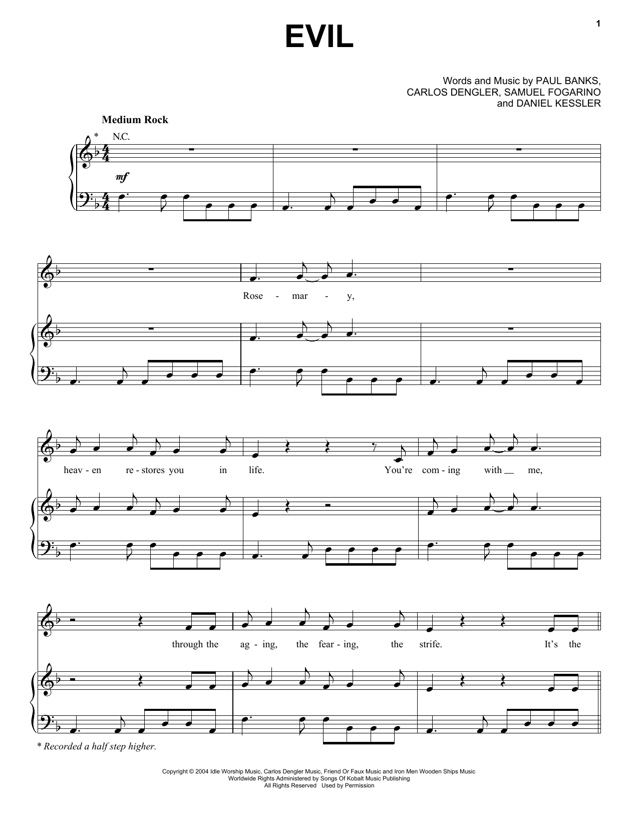 Download Interpol Evil Sheet Music and learn how to play Piano, Vocal & Guitar (Right-Hand Melody) PDF digital score in minutes