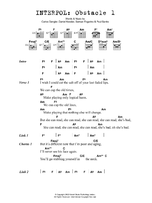 Download Interpol Obstacle 1 Sheet Music and learn how to play Lyrics & Chords PDF digital score in minutes