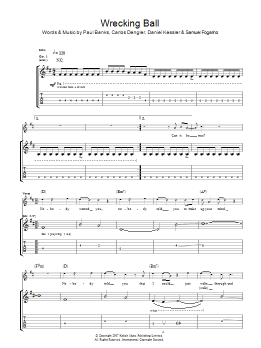 Download Interpol Wrecking Ball Sheet Music and learn how to play Guitar Tab PDF digital score in minutes