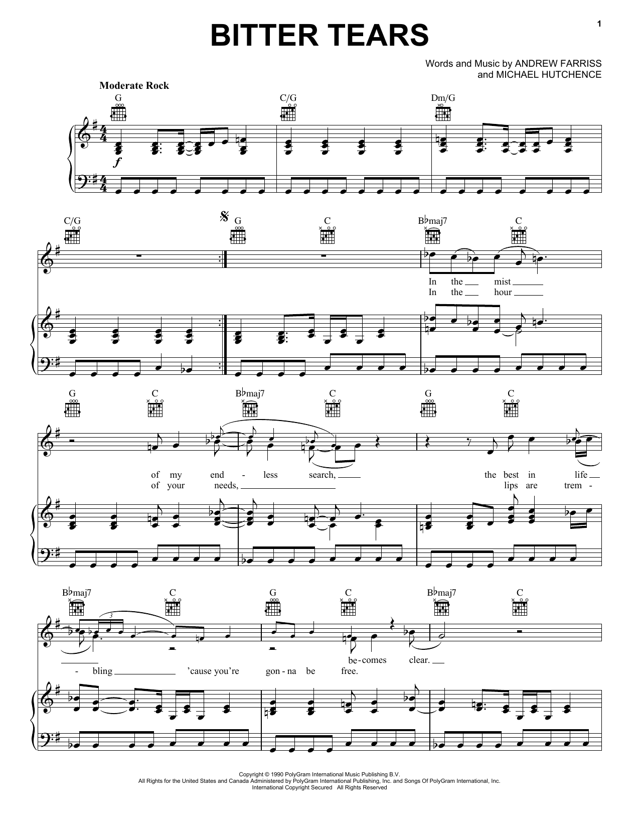 Download INXS Bitter Tears Sheet Music and learn how to play Piano, Vocal & Guitar Chords (Right-Hand Melody) PDF digital score in minutes