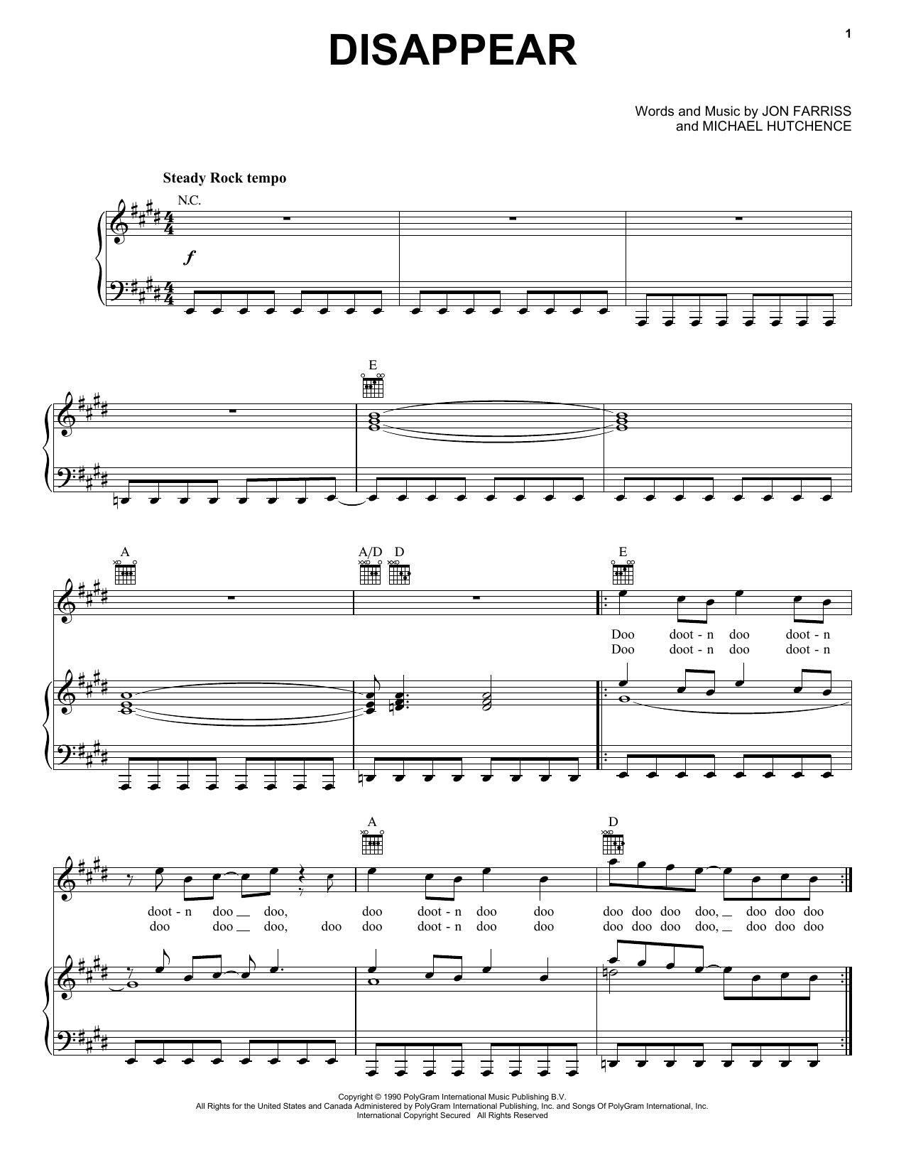 Download INXS Disappear Sheet Music and learn how to play Piano, Vocal & Guitar Chords (Right-Hand Melody) PDF digital score in minutes