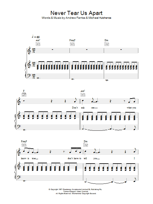 Download INXS Never Tear Us Apart Sheet Music and learn how to play Piano, Vocal & Guitar Chords (Right-Hand Melody) PDF digital score in minutes