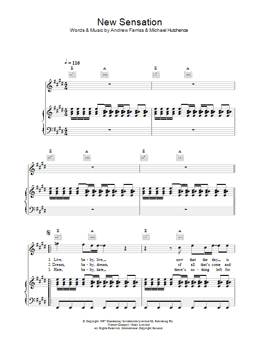 Download INXS New Sensation Sheet Music and learn how to play Melody Line, Lyrics & Chords PDF digital score in minutes