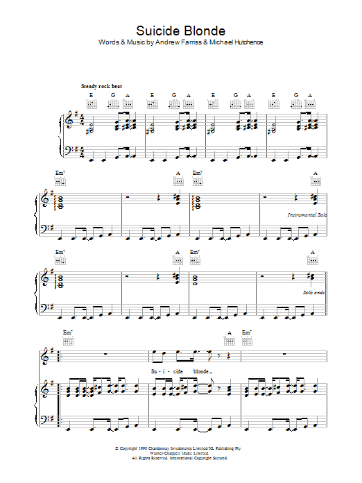 Download INXS Suicide Blonde Sheet Music and learn how to play Piano, Vocal & Guitar (Right-Hand Melody) PDF digital score in minutes