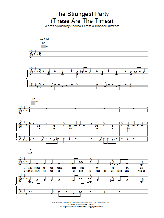 Download INXS The Strangest Party (These Are The Times) Sheet Music and learn how to play Piano, Vocal & Guitar (Right-Hand Melody) PDF digital score in minutes