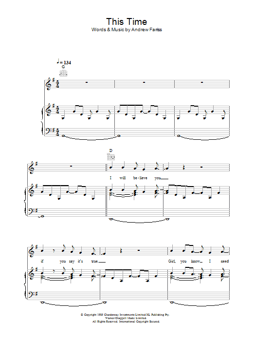 Download INXS This Time Sheet Music and learn how to play Piano, Vocal & Guitar (Right-Hand Melody) PDF digital score in minutes