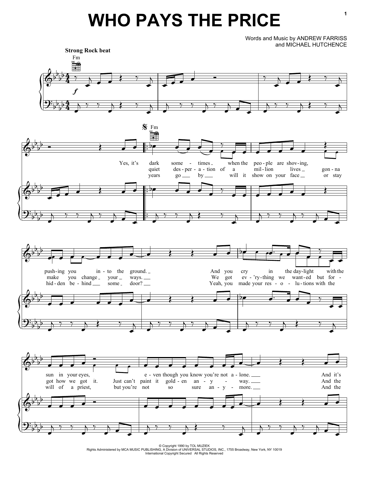Download INXS Who Pays The Price Sheet Music and learn how to play Piano, Vocal & Guitar Chords (Right-Hand Melody) PDF digital score in minutes