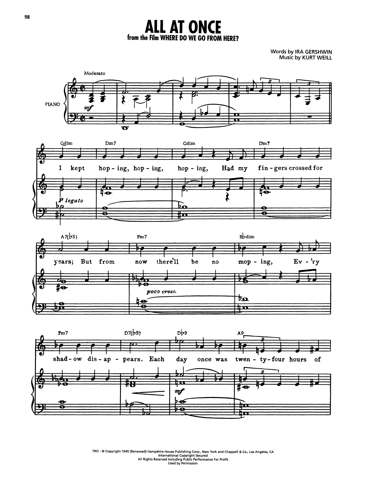 Download Ira Gershwin All At Once (from Where Do We Go From Here?) Sheet Music and learn how to play Piano, Vocal & Guitar Chords (Right-Hand Melody) PDF digital score in minutes