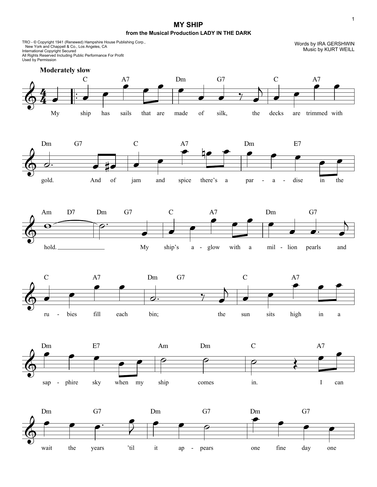Download Ira Gershwin My Ship Sheet Music and learn how to play Melody Line, Lyrics & Chords PDF digital score in minutes