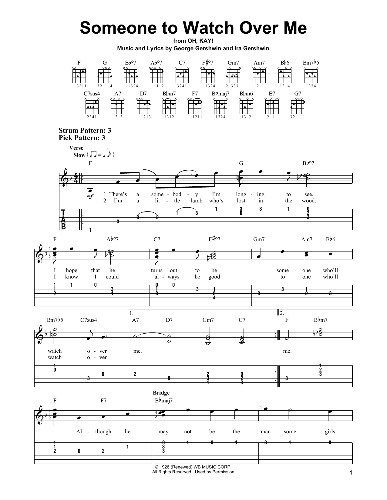 Download Ira Gershwin Someone To Watch Over Me Sheet Music and learn how to play Easy Guitar Tab PDF digital score in minutes