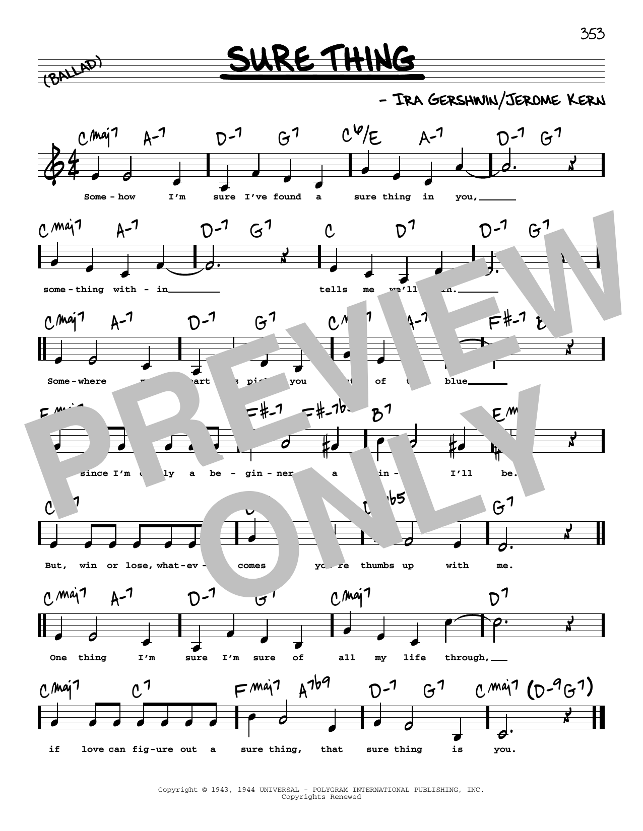 Download Ira Gershwin Sure Thing (Low Voice) Sheet Music and learn how to play Real Book – Melody, Lyrics & Chords PDF digital score in minutes