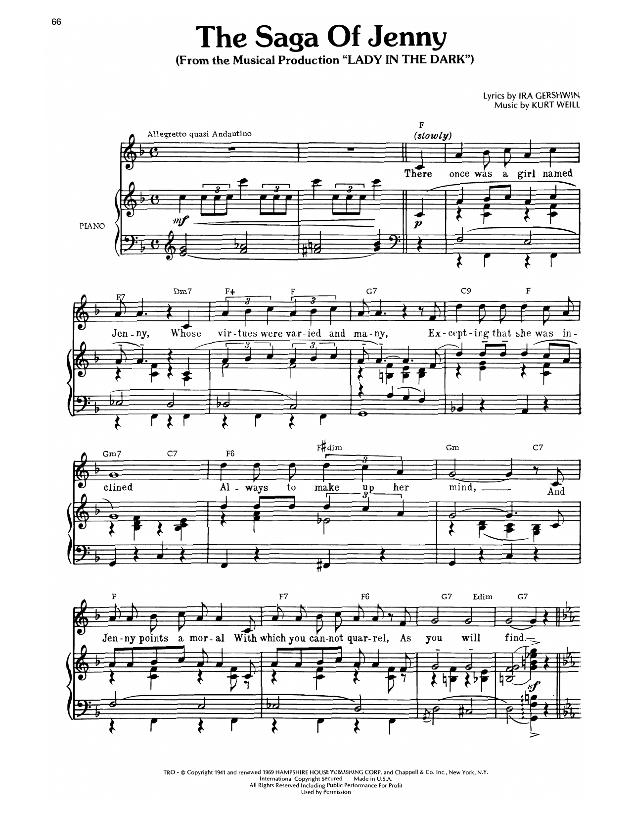 Download Ira Gershwin The Saga Of Jenny (from Lady In The Dark) Sheet Music and learn how to play Piano, Vocal & Guitar Chords (Right-Hand Melody) PDF digital score in minutes