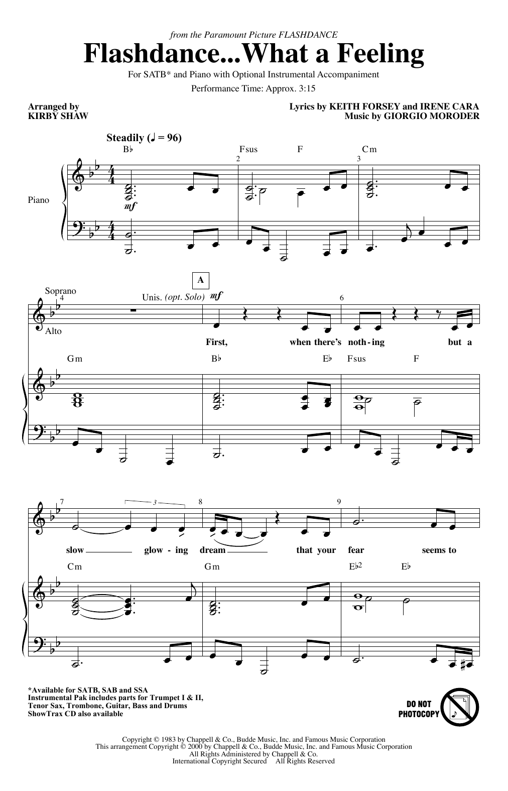 Download Irene Cara Flashdance...What A Feeling (from Flashdance) (arr. Kirby Shaw) Sheet Music and learn how to play SATB Choir PDF digital score in minutes