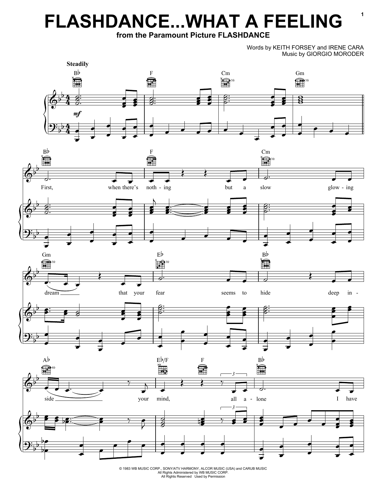 Download Irene Cara Flashdance...What A Feeling Sheet Music and learn how to play Easy Piano PDF digital score in minutes