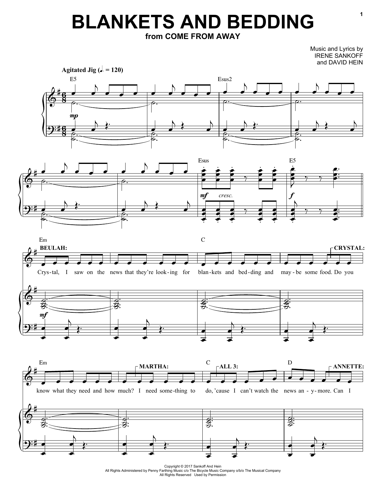 Download Irene Sankoff & David Hein Blankets And Bedding Sheet Music and learn how to play Piano & Vocal PDF digital score in minutes